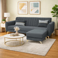 Adorn India Premium Luster 4 Seater L Shape Sofa Set | Velvet Suede Fabric | 3-Year Warranty | Color Dark Grey with Golden Legs & Striped Pattern Cushion