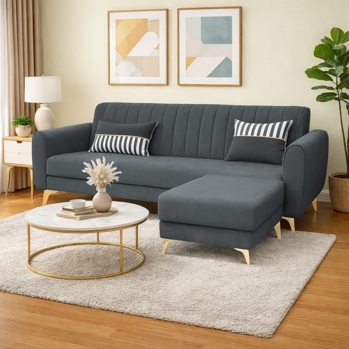 Adorn India Premium Luster 4 Seater L Shape Sofa Set | Velvet Suede Fabric | 3-Year Warranty | Color Dark Grey with Golden Legs & Striped Pattern Cushion