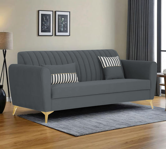Adorn India Premium Luster 3 Seater | Velvet Suede Fabric | 3-Year Warranty | Color Dark Grey with Golden Legs & Striped Pattern Cushion