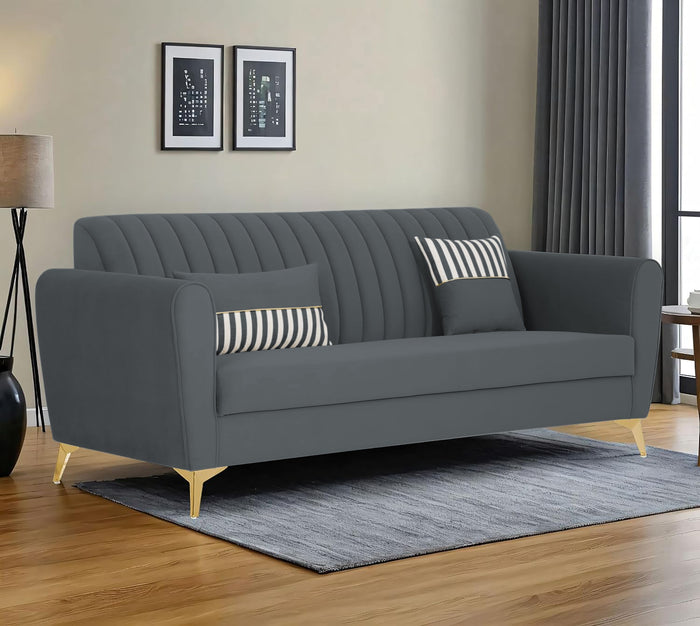 Adorn India Premium Luster 3 Seater | Velvet Suede Fabric | 3-Year Warranty | Color Dark Grey with Golden Legs & Striped Pattern Cushion