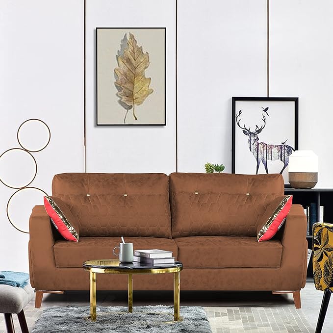 Adorn India Premium Phoenix 3 Seater Sofa (Leatherette Suede Fabric Colour Tan)