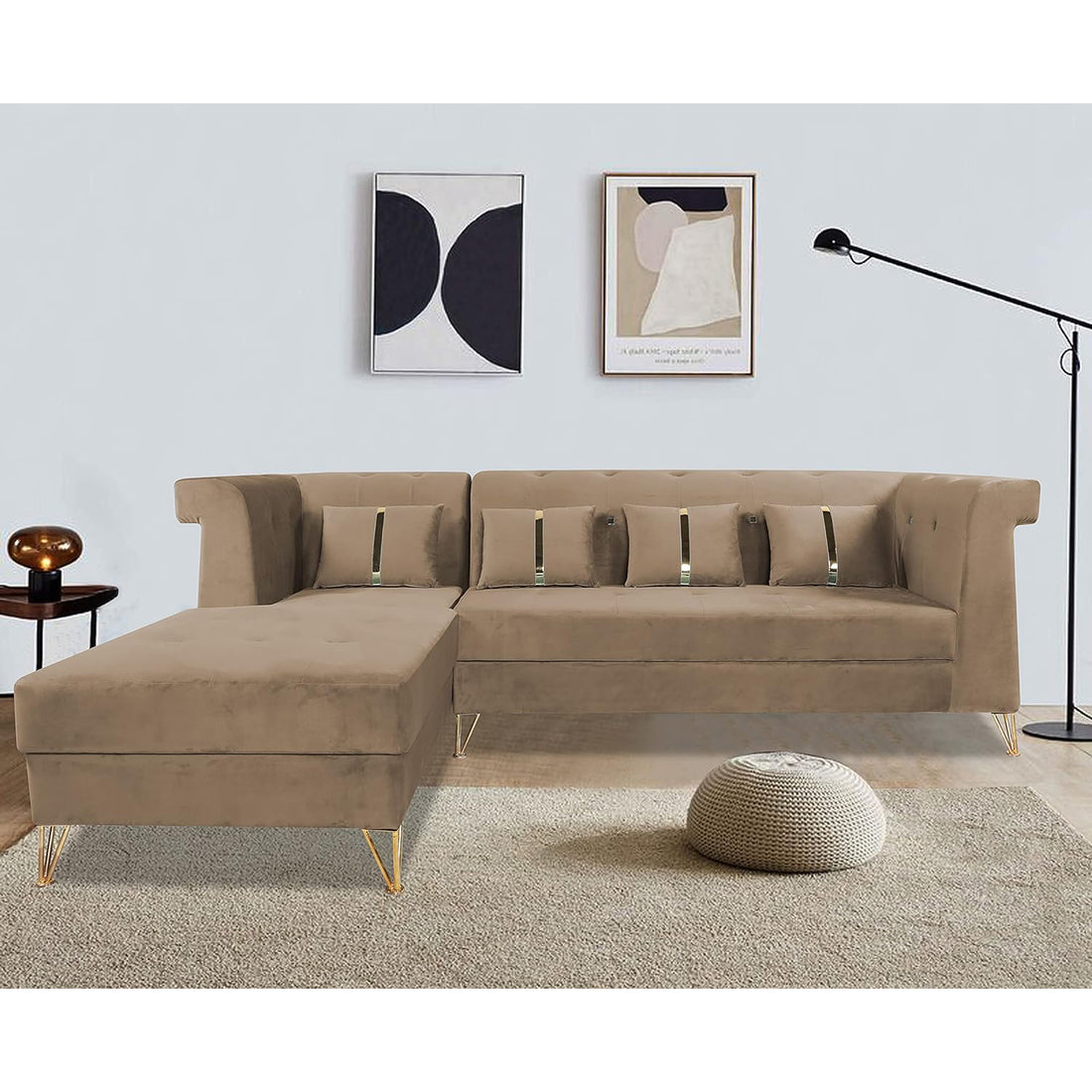 Premium Raygan L Shape 6 Seater Sofa Set Left Side (Velvet Fabric Colour Camel)