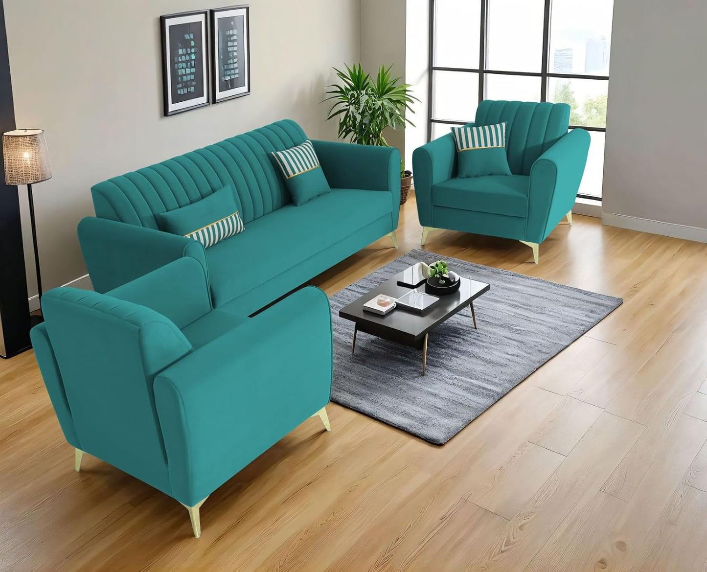 Adorn India Premium Luster 3-1-1 Sofa Set | Velvet Suede Fabric | 3-Year Warranty | Color Aqua Blue with Golden Legs & Striped Pattern Cushion