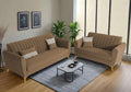 Adorn India Premium Luster 3-2 Sofa Set | Velvet Suede Fabric | 3-Year Warranty | Color Camel with Golden Legs & Striped Pattern Cushion