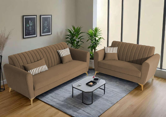 Adorn India Premium Luster 3-2 Sofa Set | Velvet Suede Fabric | 3-Year Warranty | Color Camel with Golden Legs & Striped Pattern Cushion