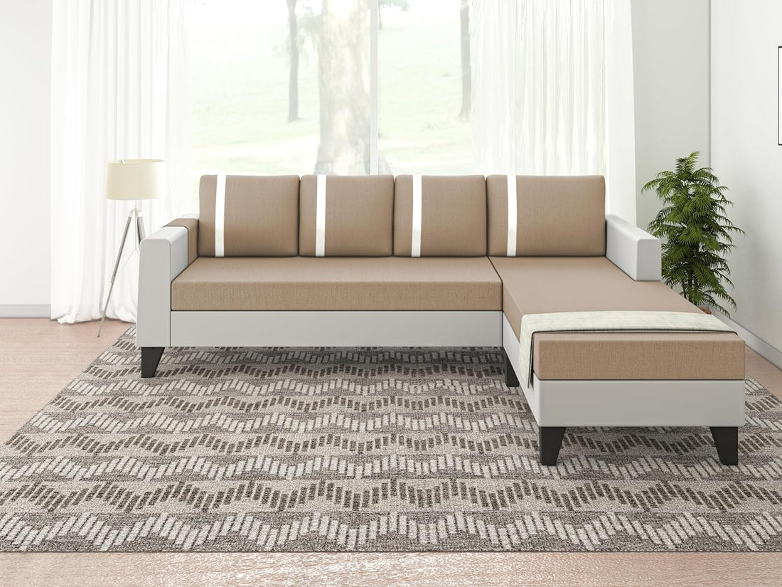 Ashley Stripes Leatherette Fabric L Shape 5 Seater Sofa Set RHS (Beige & White)