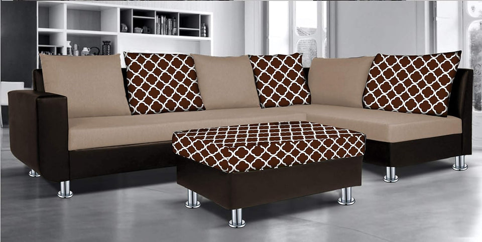(Atlanta 6 Seater Leatherette & Fabric Corner Sofa Right Hand Side with Ottoman (Brown & Beige))