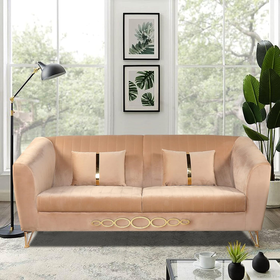 Adorn India Premium Camilla 3 Seater Sofa (Velvet Fabric Colour Beige)