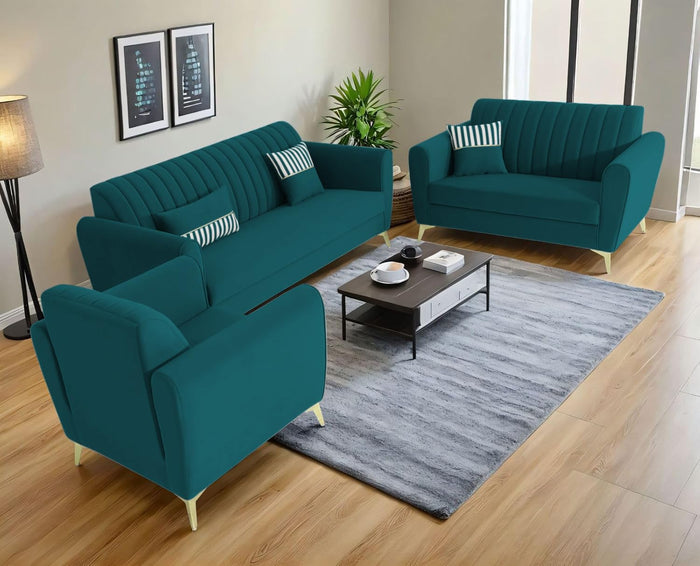 Adorn India Premium Luster 3-2-1 Sofa Set | Velvet Suede Fabric | 3-Year Warranty | Color Ocean Blue with Golden Legs & Striped Pattern Cushion