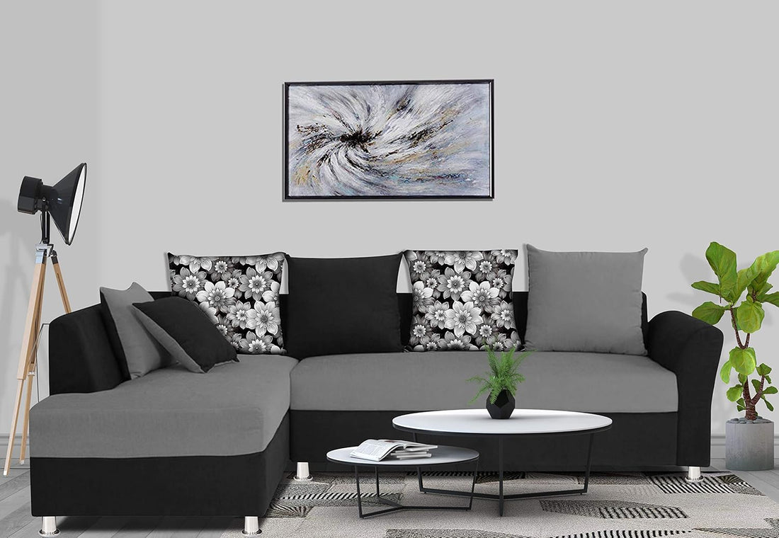 Adorn India (3 Years Warranty Boom 5 Seater Corner Sofa Floral Cushion Right Hand Side (Grey & Black)