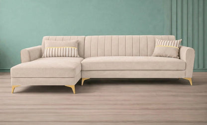 Adorn India Premium Luster 6 Seater L Shape Sofa Set | Velvet Suede Fabric | 3-Year Warranty | LHS |Color Cream with Golden Legs & Striped Pattern Cushion