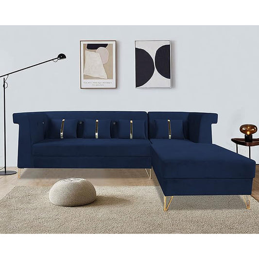 Adorn India Premium Raygan L Shape 6 Seater Sofa Set Right Side (Velvet Fabric Colour Blue)