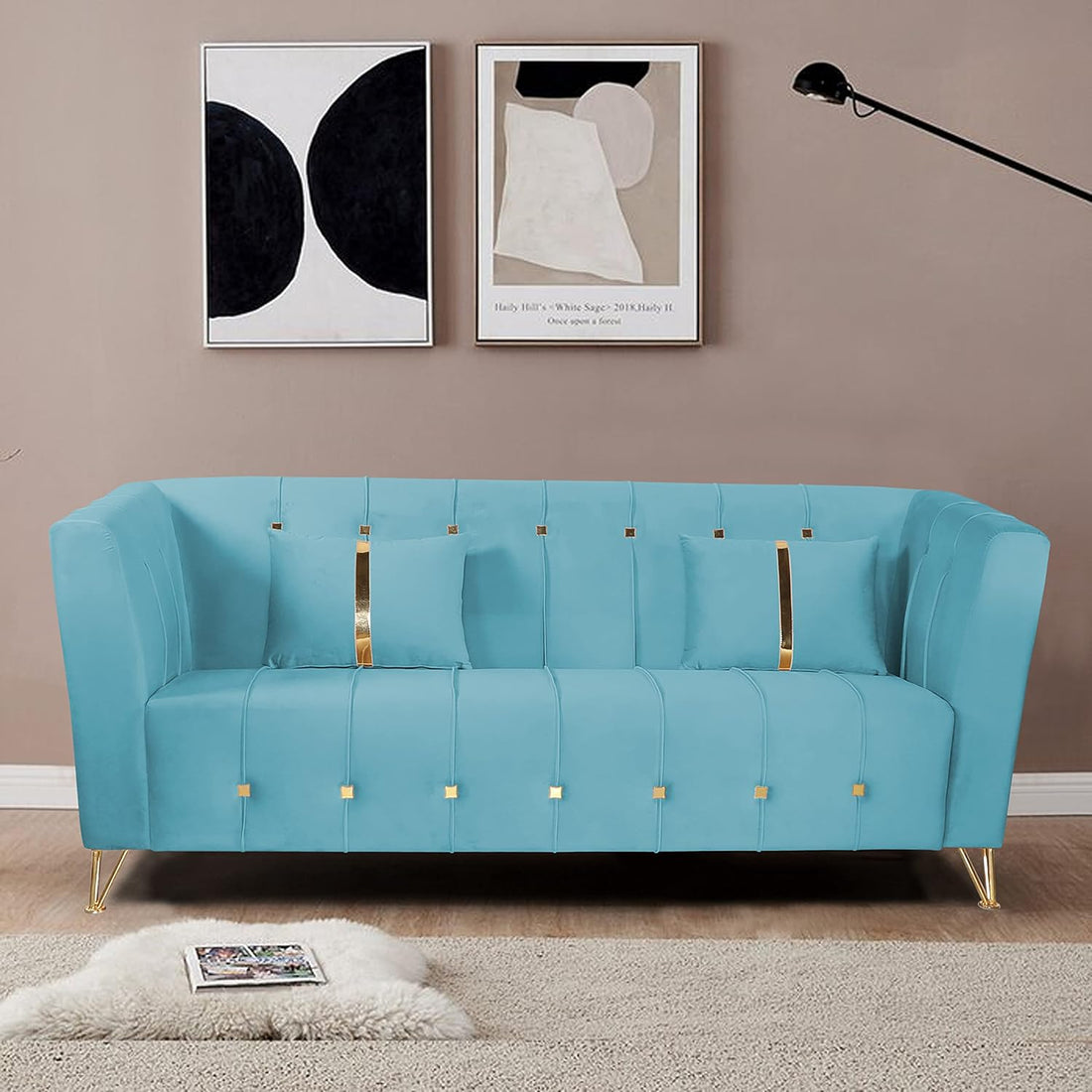 Adorn India Premium Lotus 3 Seater Sofa Set (Velvet Fabric Colour Aqua Blue)