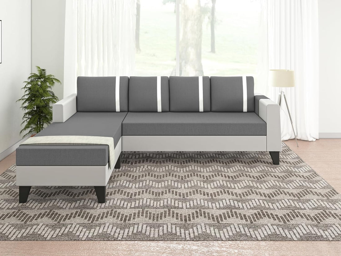 Ashley Stripes Leatherette Fabric L Shape 5 Seater Sofa Set LHS (Grey & White)