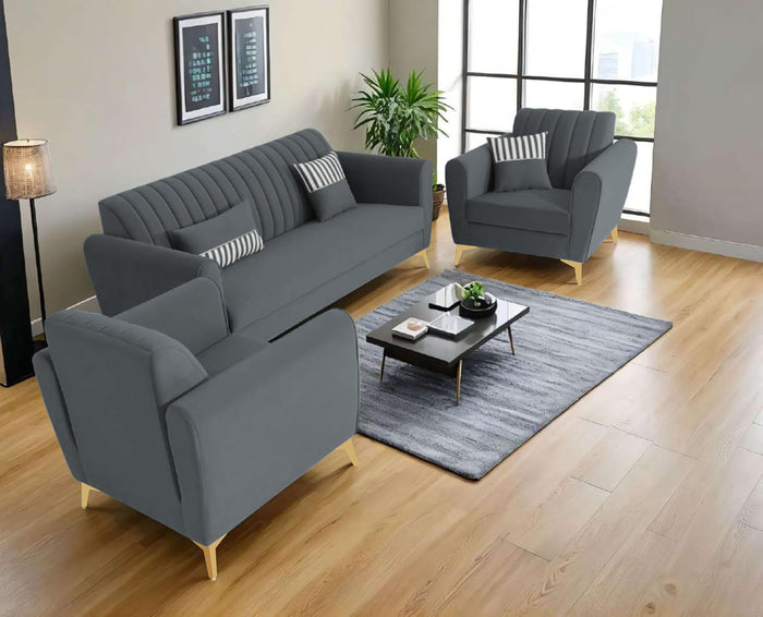 Adorn India Premium Luster 3-1-1 Sofa Set | Velvet Suede Fabric | 3-Year Warranty | Color Dark Grey with Golden Legs & Striped Pattern Cushion