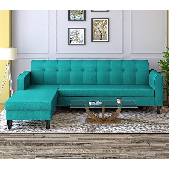 Adorn India Wood Rio Elegant L Shape 5 Seater Sofa Set (LHS) (Aqua Blue)