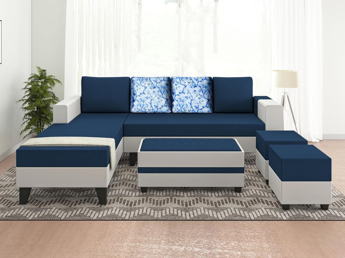 Adorn India Ashley Digitel Print Leatherette Fabric L Shape 8 Seater Sofa Set with 2 Ottoman Puffy & Center Table LHS (Blue & White) (3 Year Warranty)