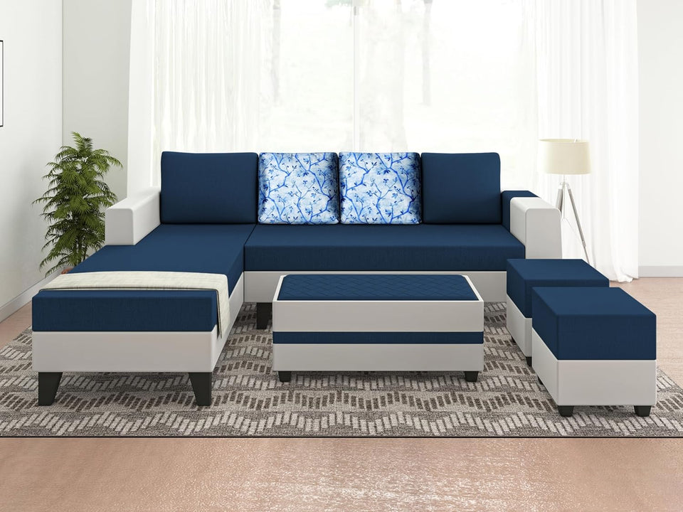 Ashley Digitel Print Leatherette Fabric L Shape 8 Seater Sofa Set with 2 Ottoman Puffy & Center Table LHS (Blue & White)