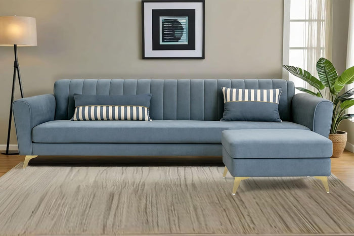 Adorn India Premium Luster 4 Seater L Shape Sofa Set | Velvet Suede Fabric | 3-Year Warranty | Color Grey with Golden Legs & Striped Pattern Cushion