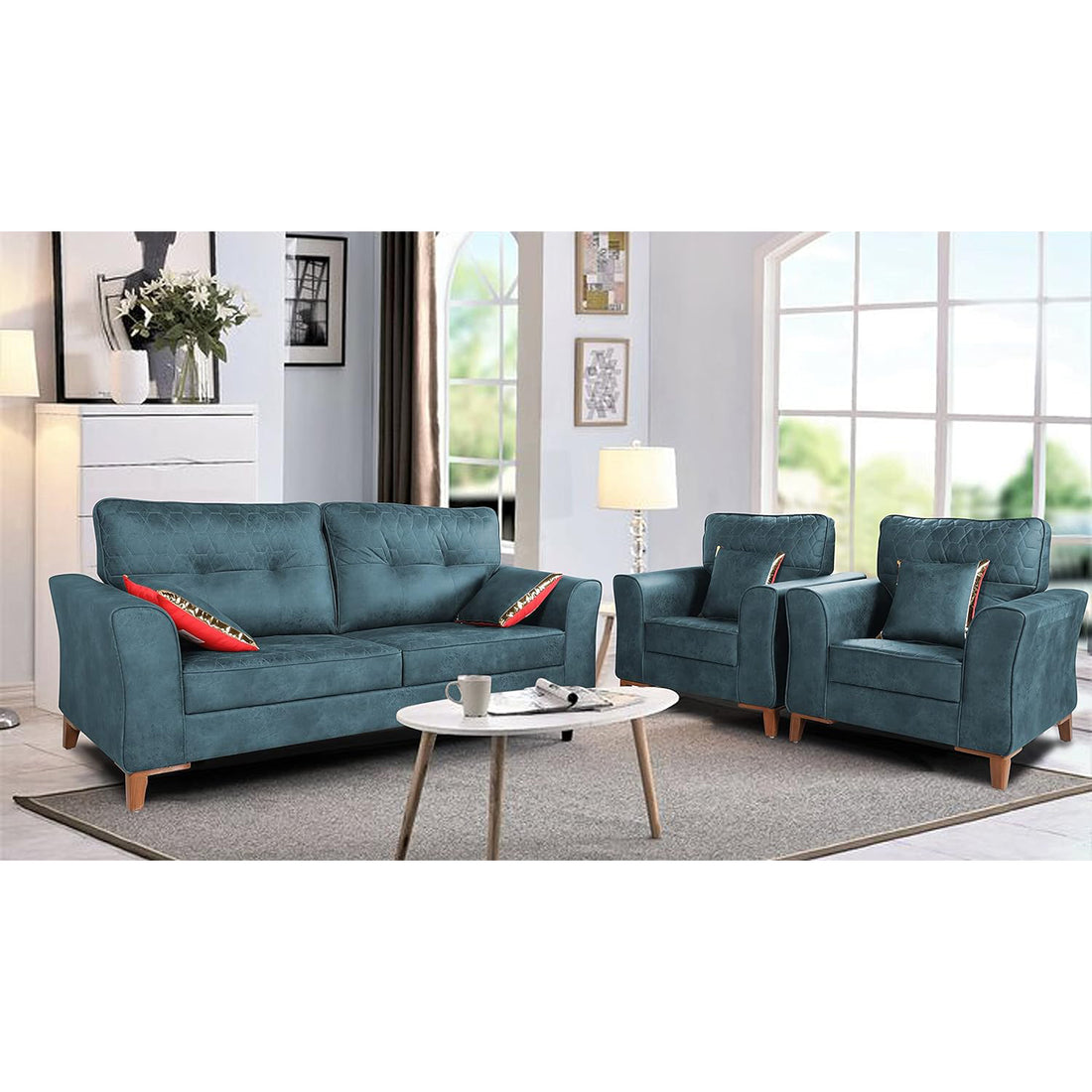 Premium Aslaug 3-1-1 Sofa Set (Leatherette Suede Fabric Colour Blue)