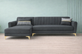 Adorn India Premium Luster 6 Seater L Shape Sofa Set | Velvet Suede Fabric | 3-Year Warranty | LHS |Color Dark Grey with Golden Legs & Striped Pattern Cushion