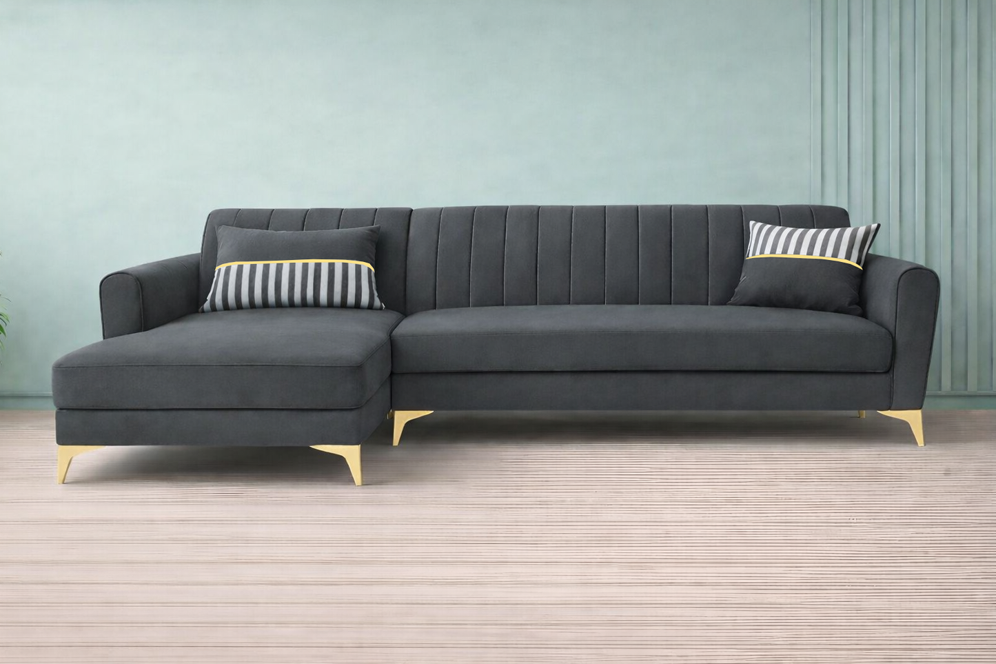 Adorn India Premium Luster 6 Seater L Shape Sofa Set | Velvet Suede Fabric | 3-Year Warranty | LHS |Color Dark Grey with Golden Legs & Striped Pattern Cushion