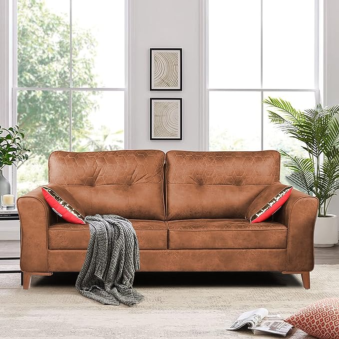 Adorn India Premium Aslaug 3 Seater Sofa (Leatherette Suede Fabric Colour Tan)