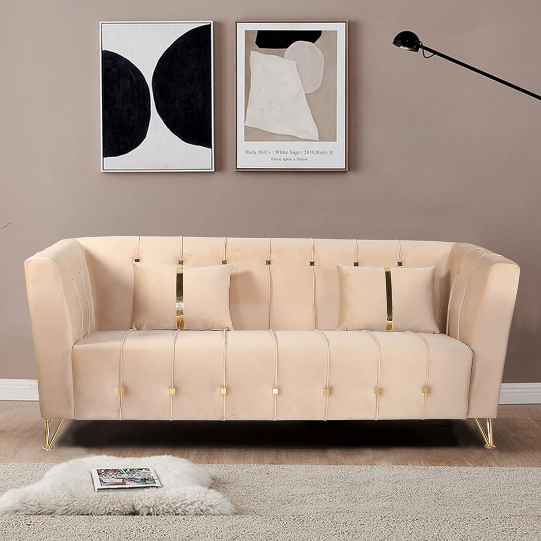 Adorn India Premium Lotus 3 Seater Sofa (Velvet Fabric Colour Beige)