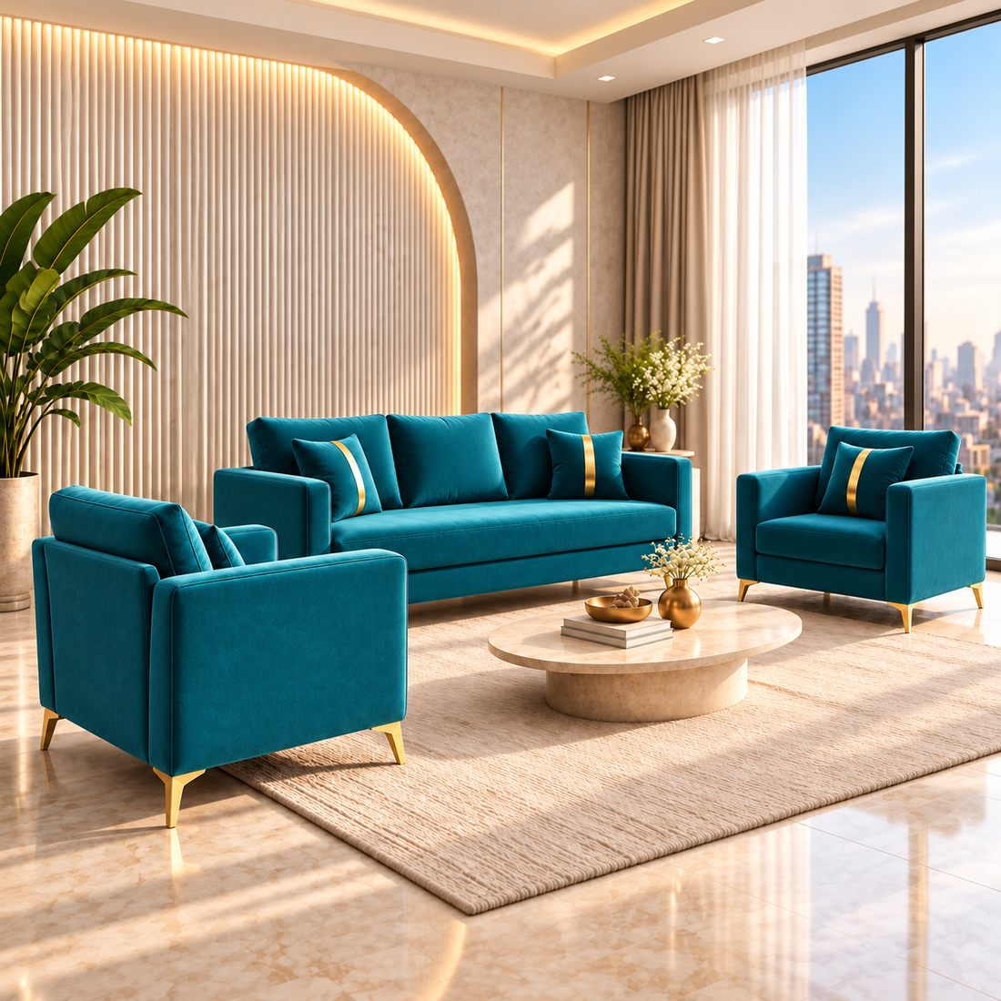 Premium Chandler - - 3+1+1 Sofa Set Velvet Suede Fabric - Aqua Blue