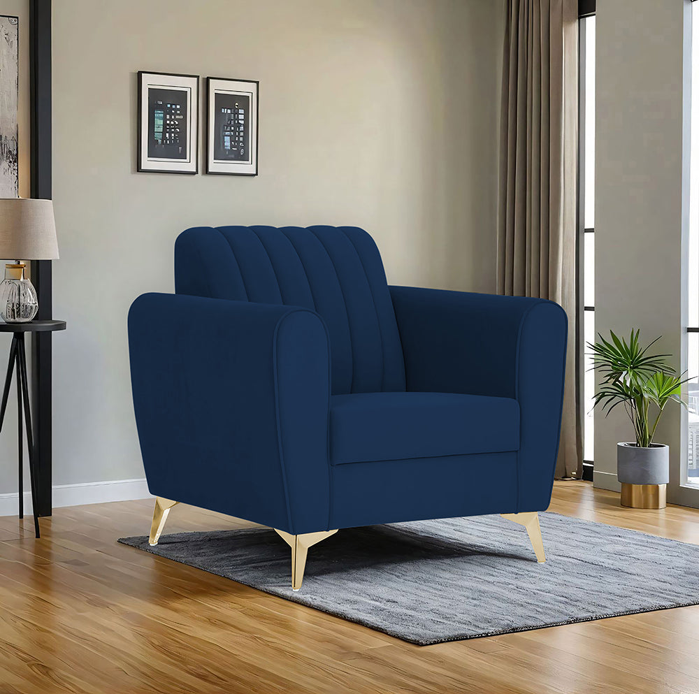 Adorn India Premium Luster 1 Seater | Velvet Suede Fabric | 3-Year Warranty | Color Blue with Golden Legs & Striped Pattern Cushion
