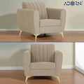 Adorn India Premium Luster 3-1-1 Sofa Set | Velvet Suede Fabric | 3-Year Warranty | Color Beige with Golden Legs & Striped Pattern Cushion