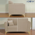 Adorn India Premium Luster 1 Seater | Velvet Suede Fabric | 3-Year Warranty | Color Beige with Golden Legs & Striped Pattern Cushion