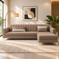 Premium Luster 4 Seater L Shape Sofa Set | Velvet Suede Fabric | 3-Year Warranty | Color camel with Golden Legs & Striped Pattern Cushion