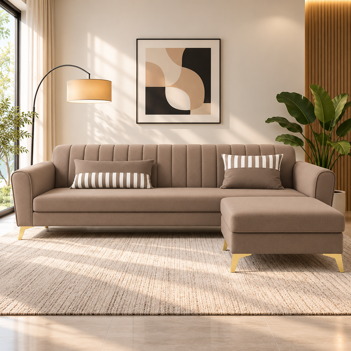 Adorn India Luster 4-seater L-shaped sofa in camel velvet suede