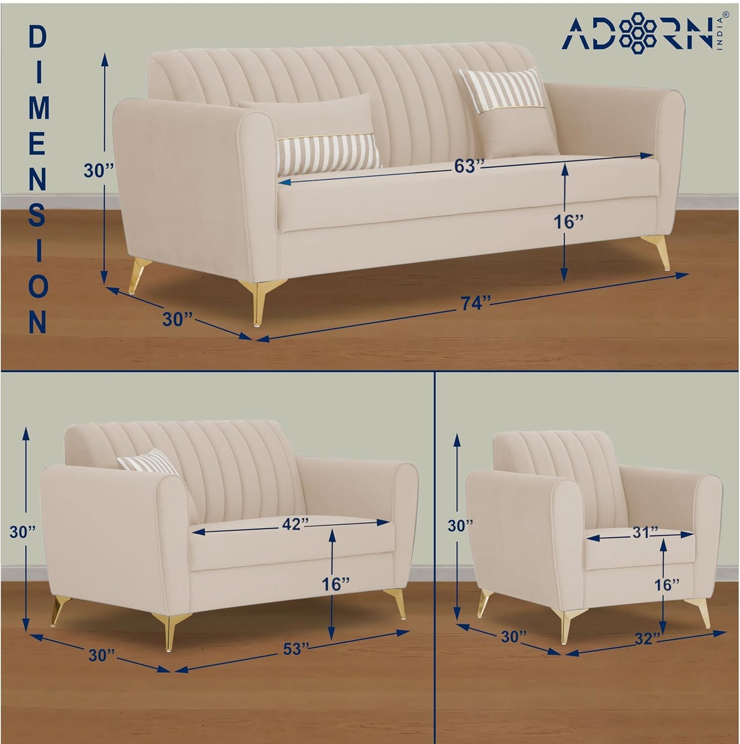 Adorn India Premium Luster 3-2-1 Sofa Set | Velvet Suede Fabric | 3-Year Warranty | Color Cream with Golden Legs & Striped Pattern Cushion