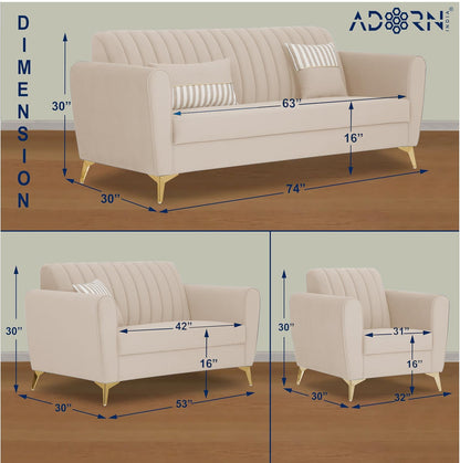 Adorn India Premium Luster 3-2-1 Sofa Set | Velvet Suede Fabric | 3-Year Warranty | Color Cream with Golden Legs & Striped Pattern Cushion