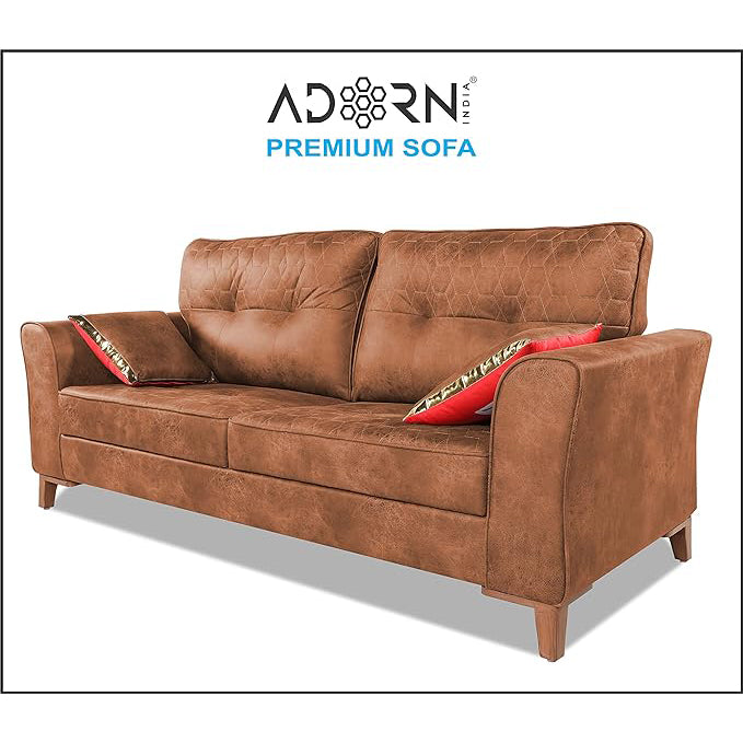 Adorn India Premium Aslaug 3 Seater Sofa (Leatherette Suede Fabric Colour Tan)
