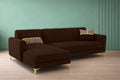 Adorn India Premium Luster 6 Seater L Shape Sofa Set | Velvet Suede Fabric | 3-Year Warranty | LHS |Color Brown with Golden Legs & Striped Pattern Cushion