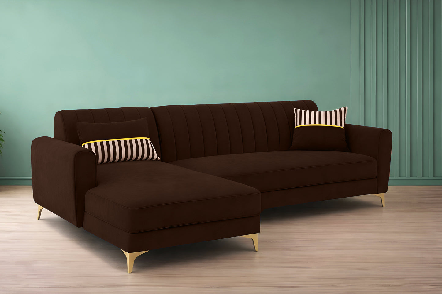 Adorn India Premium Luster 6 Seater L Shape Sofa Set | Velvet Suede Fabric | 3-Year Warranty | LHS |Color Brown with Golden Legs & Striped Pattern Cushion