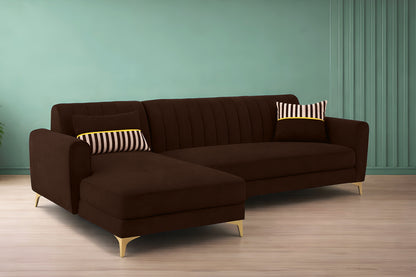 Adorn India Premium Luster 6 Seater L Shape Sofa Set | Velvet Suede Fabric | 3-Year Warranty | LHS |Color Brown with Golden Legs & Striped Pattern Cushion