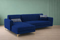 Adorn India Premium Luster 6 Seater L Shape Sofa Set | Velvet Suede Fabric | 3-Year Warranty | LHS |Color Blue with Golden Legs & Striped Pattern Cushion