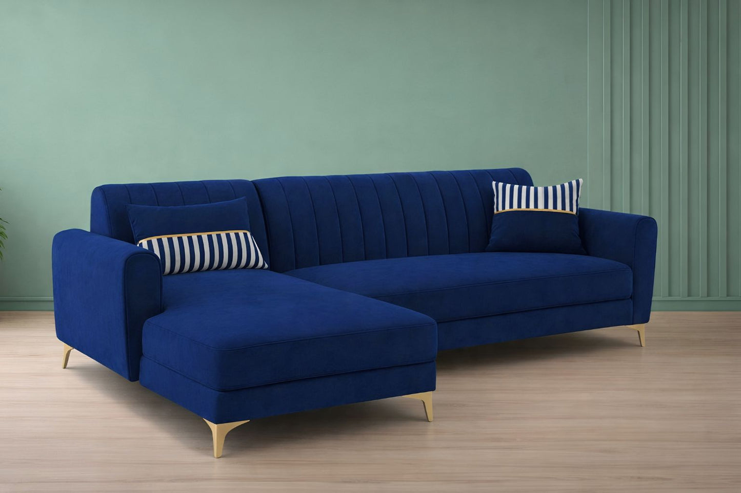 Adorn India Premium Luster 6 Seater L Shape Sofa Set | Velvet Suede Fabric | 3-Year Warranty | LHS |Color Blue with Golden Legs & Striped Pattern Cushion