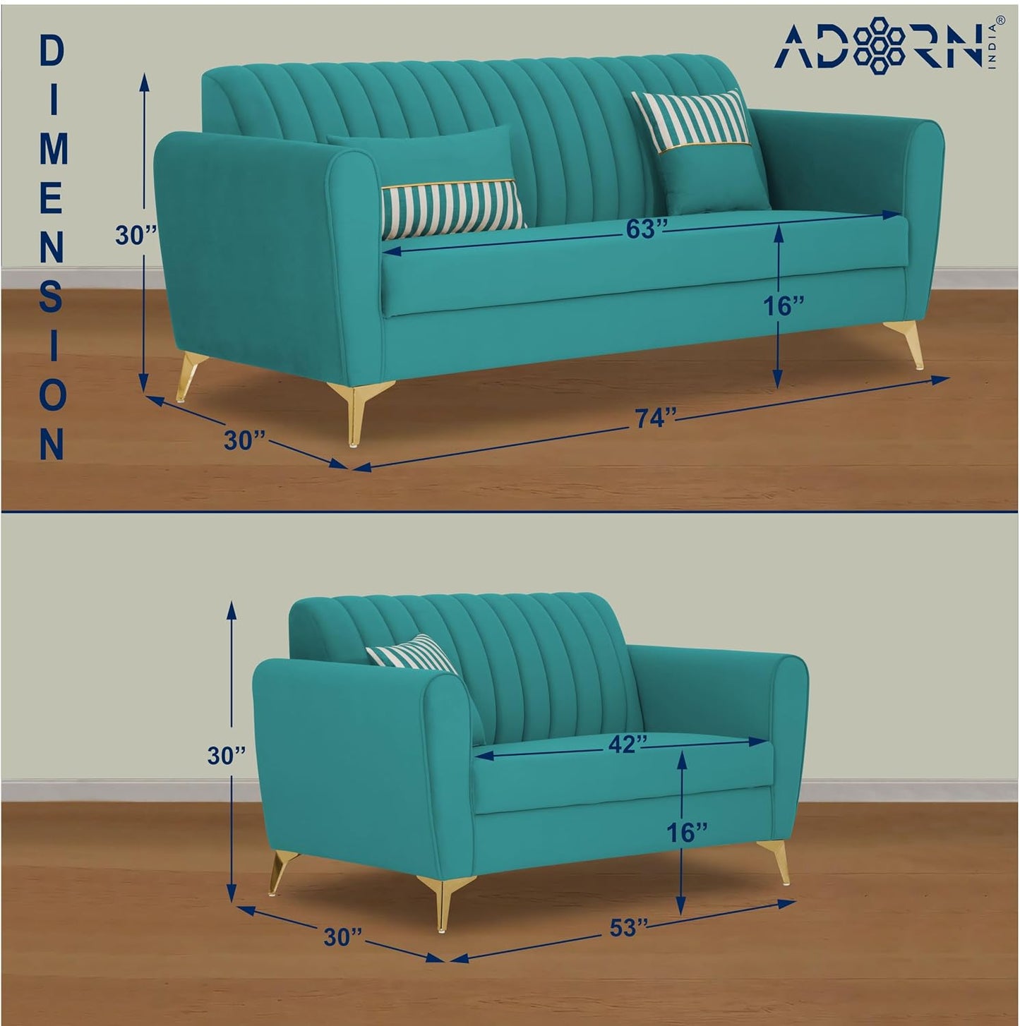 Adorn India Premium Luster 3-2 Sofa Set | Velvet Suede Fabric | 3-Year Warranty | Color Aqua Blue with Golden Legs & Striped Pattern Cushion (Copy)