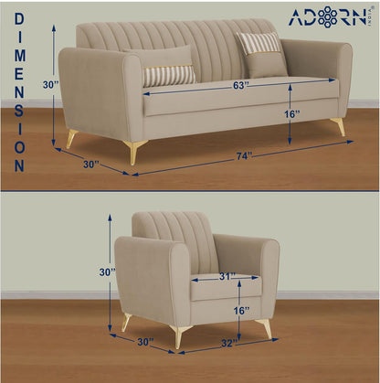 Adorn India Premium Luster 3+1+1 Sofa Set | Velvet Suede Fabric | 3-Year Warranty | Color Beige with Golden Legs & Striped Pattern Cushion