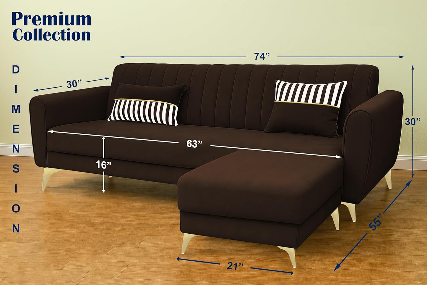 Adorn India Premium Luster 4 Seater L Shape Sofa Set | Velvet Suede Fabric | 3-Year Warranty | Color Grey Brown with Golden Legs & Striped Pattern Cushion