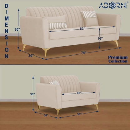 Adorn India Premium Luster 3-2 Sofa Set | Velvet Suede Fabric | 3-Year Warranty | Color Cream with Golden Legs & Striped Pattern Cushion