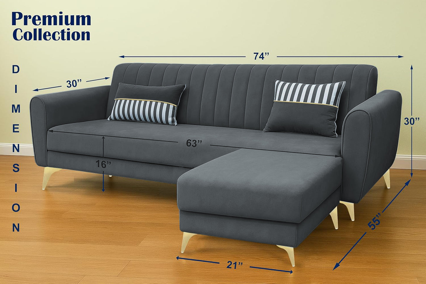 Adorn India Premium Luster 4 Seater L Shape Sofa Set | Velvet Suede Fabric | 3-Year Warranty | Color Dark Grey with Golden Legs & Striped Pattern Cushion