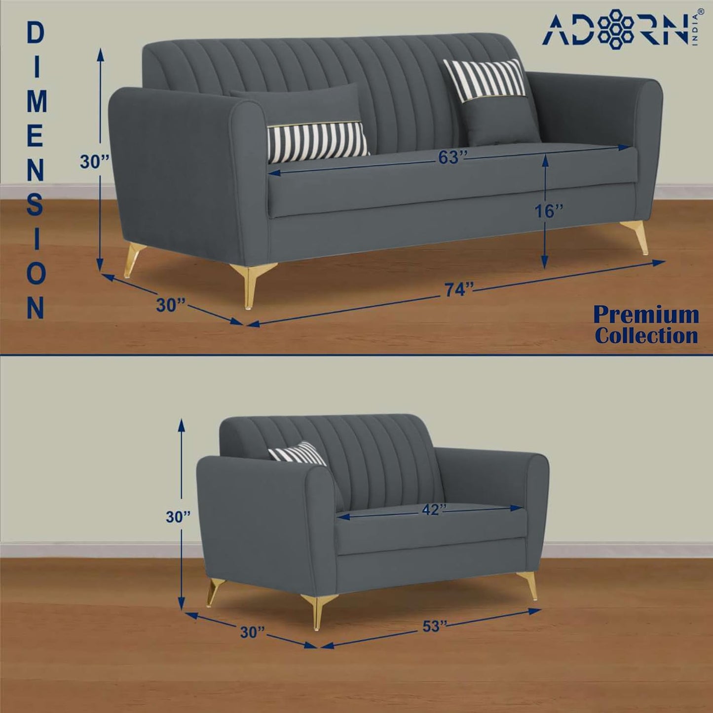 Adorn India Premium Luster 3+2 Sofa Set | Velvet Suede Fabric | 3-Year Warranty | Color Dark Grey with Golden Legs & Striped Pattern Cushion