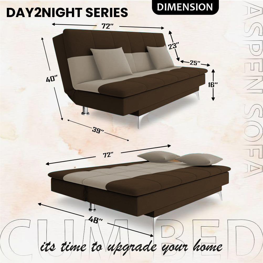 Adorn India Premium New Aspen 3 Seater Sofa Cum Bed 4X6 Velvet Suede with 2 Cushions (Color Brown & Beige) and Suitable for All Indoor, with 3 Years Warranty