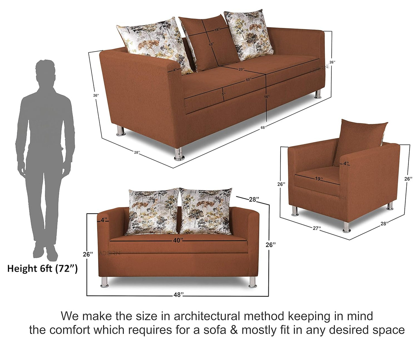 Adorn India Alita 3+2+1 Compact 6 Seater Sofa Set (Rust)